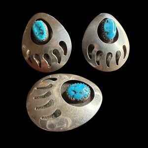 Vintage Sterling Turquoise Bear Paw Brooch Pendant & Earrings Set